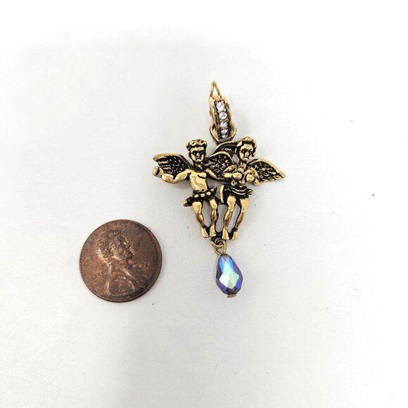 Kirks Folly Gold Tone Cherubs Crystal Dangle Necklace Enhancer Pendant - Picture 2 of 3